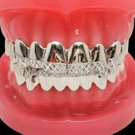 925 Solid Sterling Silver 18K Yellow Gold Plated Dust+Diamond Cut Grillz