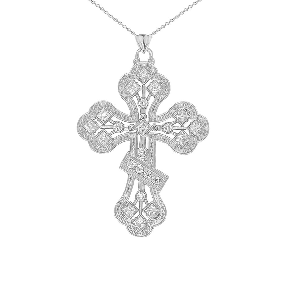Russian Orthodox Designer Cross Pendant Necklace in Sterling Silver