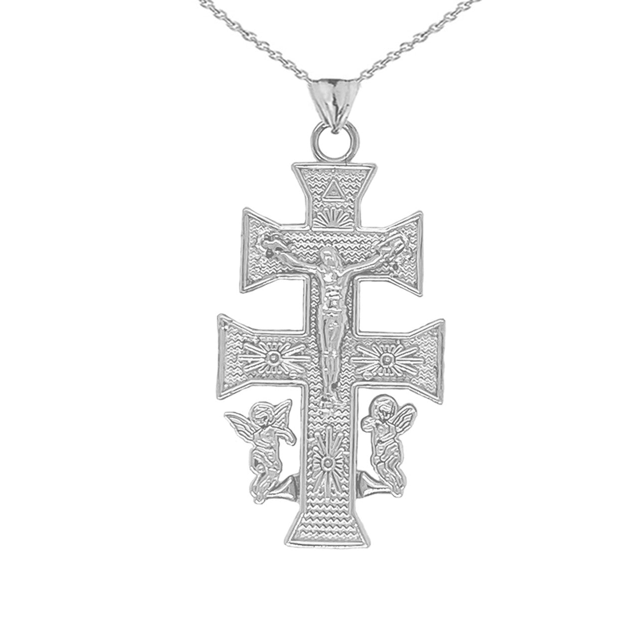 Caravaca Double Cross With Angels Crucifix Pendant in Sterling Silver