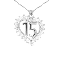.925 Sterling Silver Studded Cubic Zirconia Heart 15 Años Quinceañera Pendant Necklace