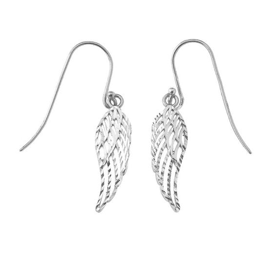 .925 Sterling Silver Diamond Cut Angel Wings Hook Earrings