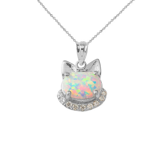 Simulated Opal kitty Pendant Necklace in Sterling Silver
