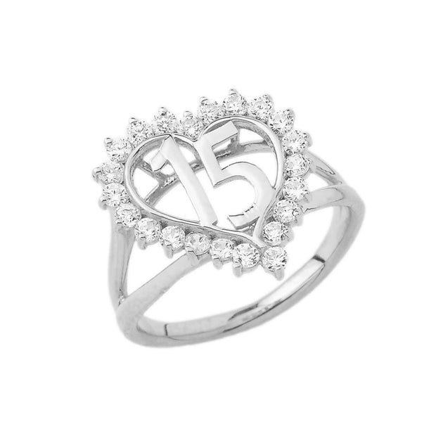 Gold Cubic Zirconia Heart 15 Años Quinceañera Ring (Available in Yellow/Rose/White Gold)