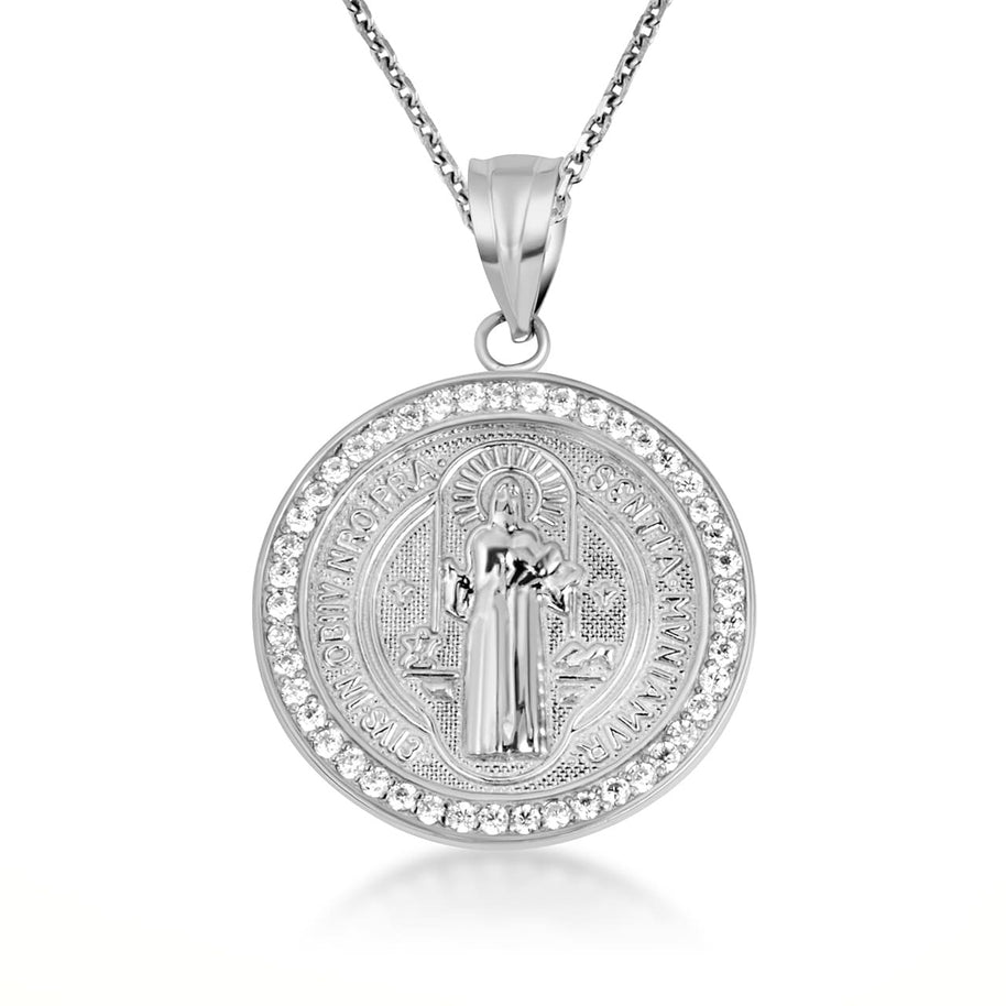 14K Two-Tone Gold Saint Benedict Diamond Halo Medallion Pendant Necklace (Available in Small/Large & Yellow/Rose/White Gold)