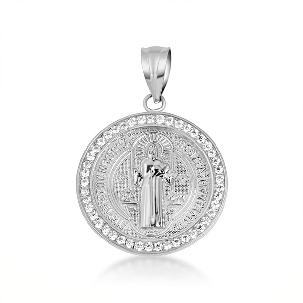 .925 Sterling Silver Saint Benedict Cubic Zirconia Halo Medallion Pendant Necklace (Available in Small/Large)
