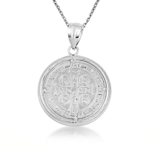 .925 Sterling Silver Saint Benedict Cubic Zirconia Halo Medallion Pendant Necklace (Available in Small/Large)