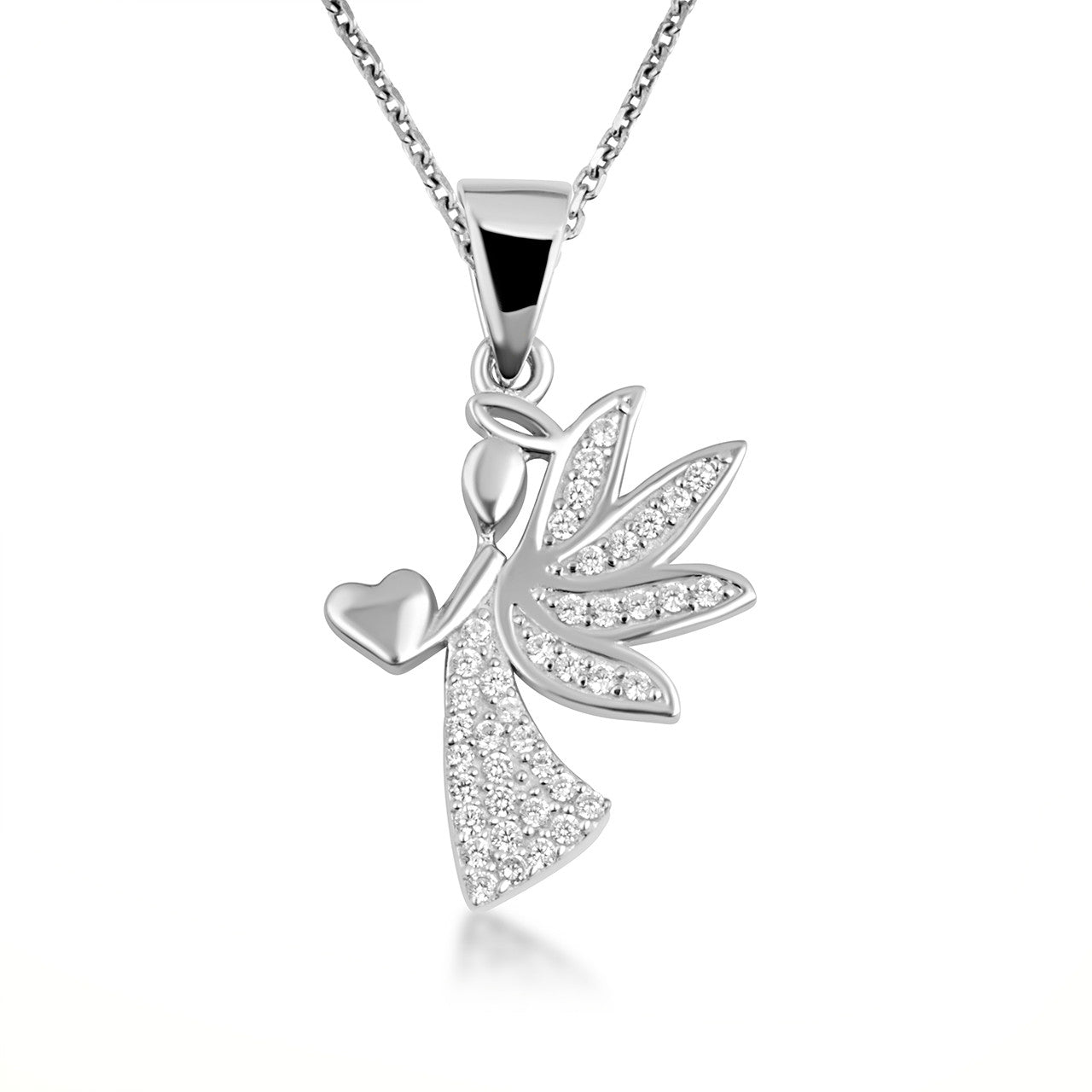 Gold Studded Guardian Angel Heart Pendant Necklace (Available in Yellow/Rose/White Gold)