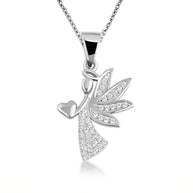 .925 Sterling Silver Studded Guardian Angel Heart Pendant Necklace