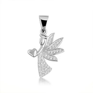 .925 Sterling Silver Studded Guardian Angel Heart Pendant Necklace
