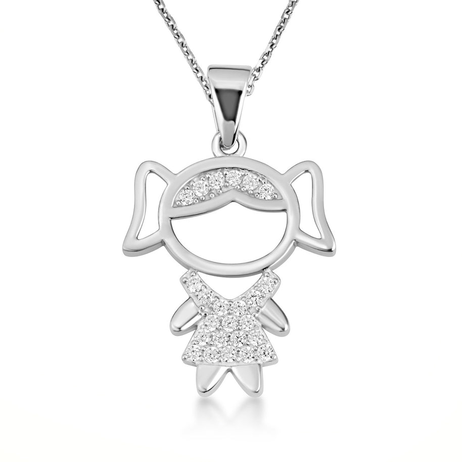 .925 Sterling Silver Girl Silhouette Studded Pendant Necklace