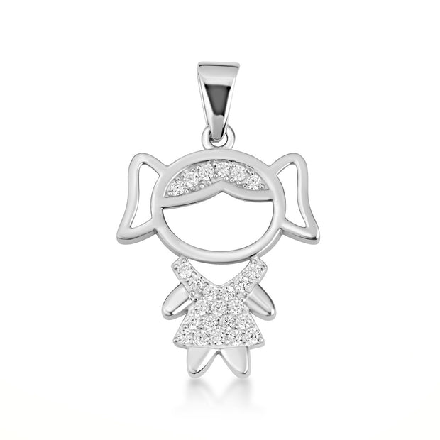 .925 Sterling Silver Girl Silhouette Studded Pendant Necklace