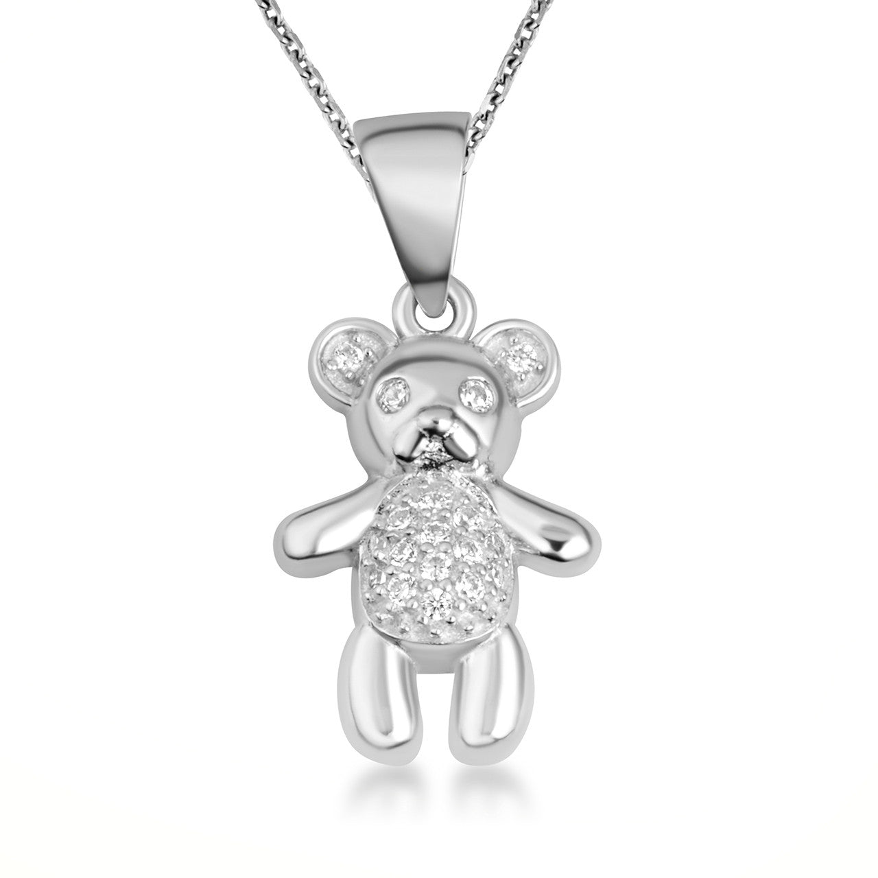 .925 Sterling Silver Teddy Bear Studded Toy Pendant Necklace