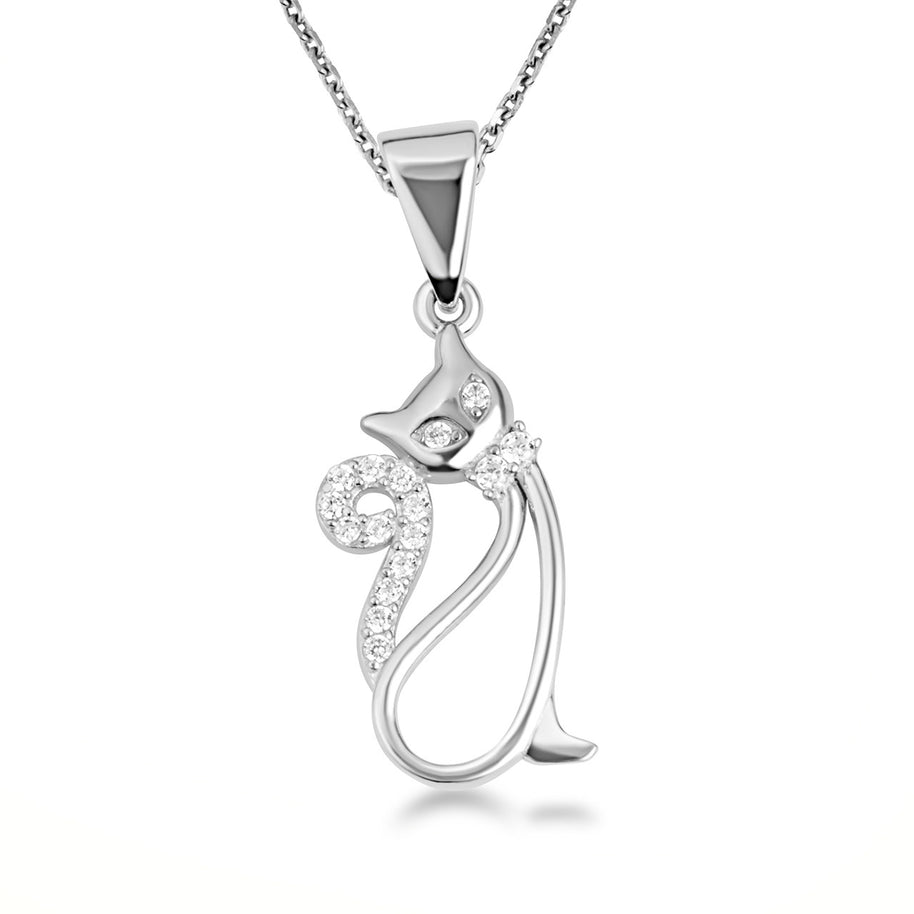 .925 Sterling Silver Cat Silhouette Studded Pendant Necklace