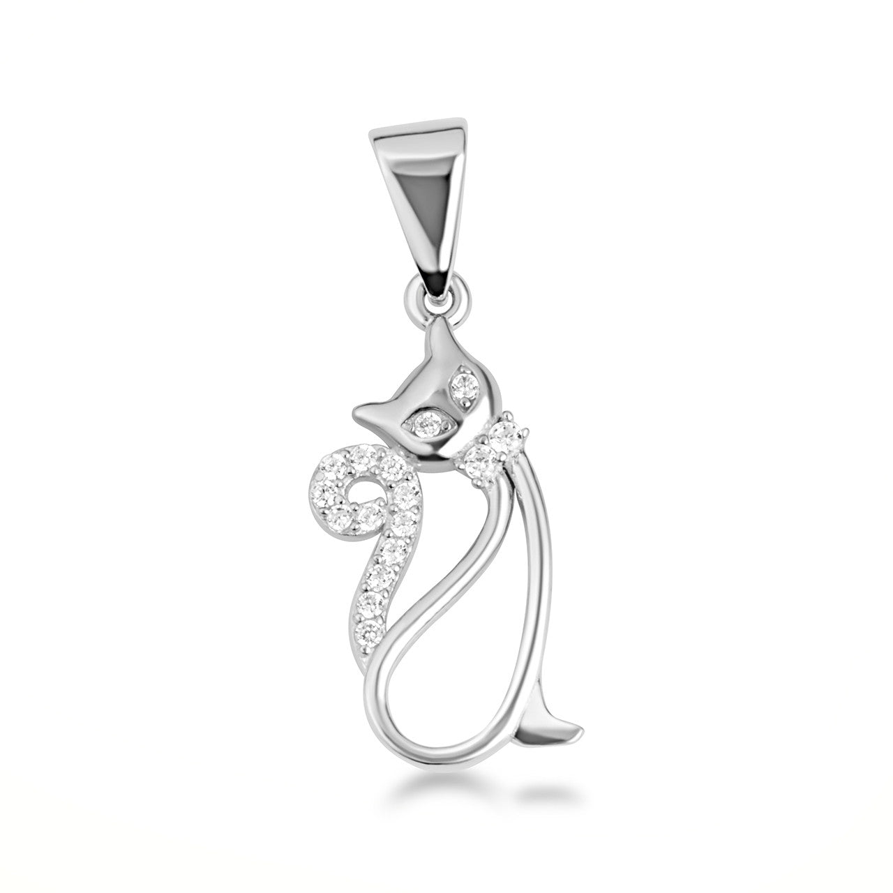 .925 Sterling Silver Cat Silhouette Studded Pendant Necklace