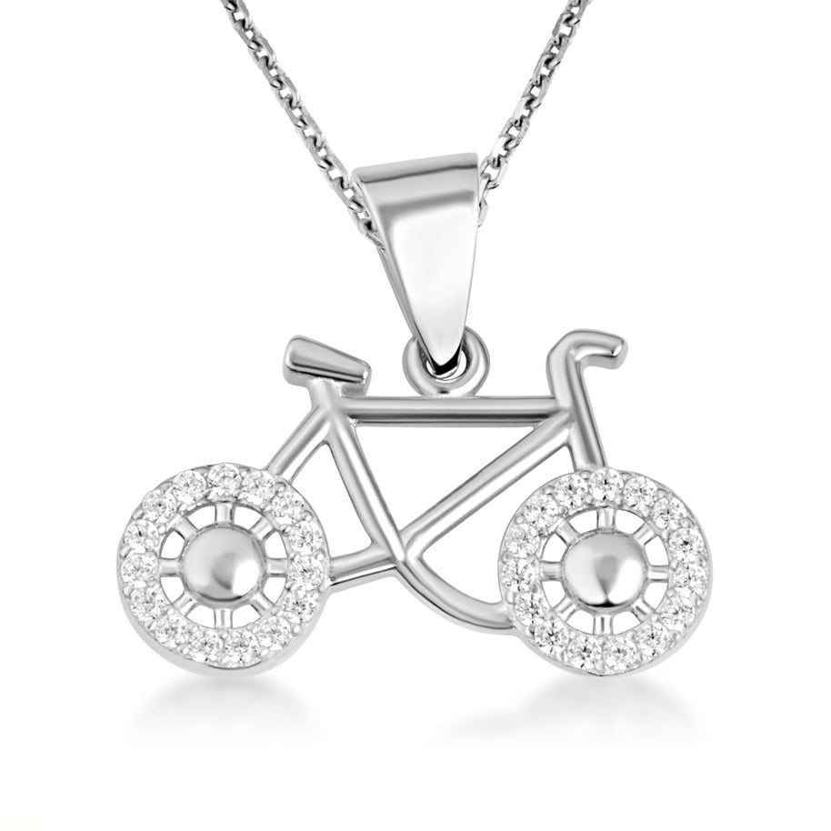 .925 Sterling Silver Bicycle Sports Studded Cycling Pendant Necklace