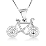 .925 Sterling Silver Bicycle Sports Studded Cycling Pendant Necklace