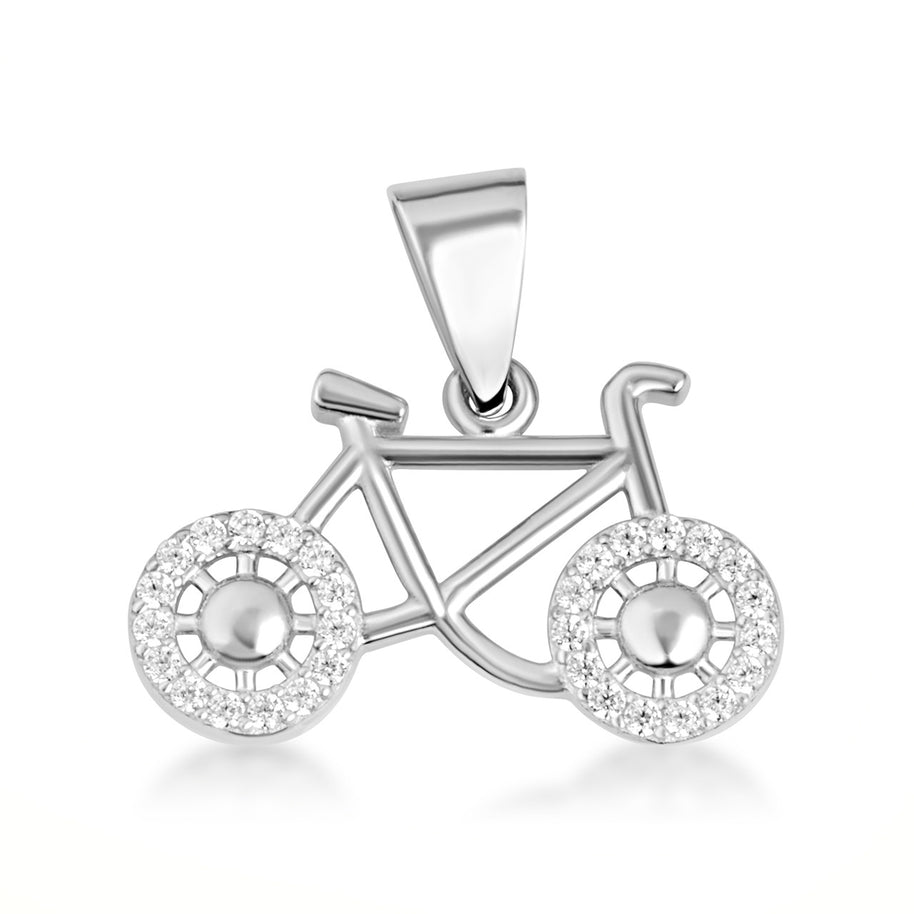 .925 Sterling Silver Bicycle Sports Studded Cycling Pendant Necklace