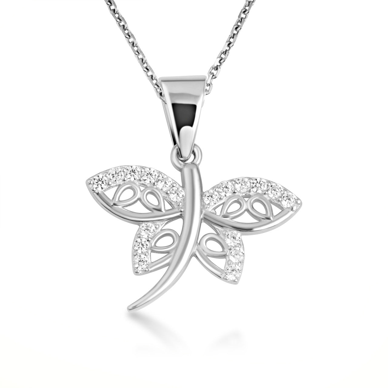 .925 Sterling Silver Dragonfly Studded Nature Pendant Necklace