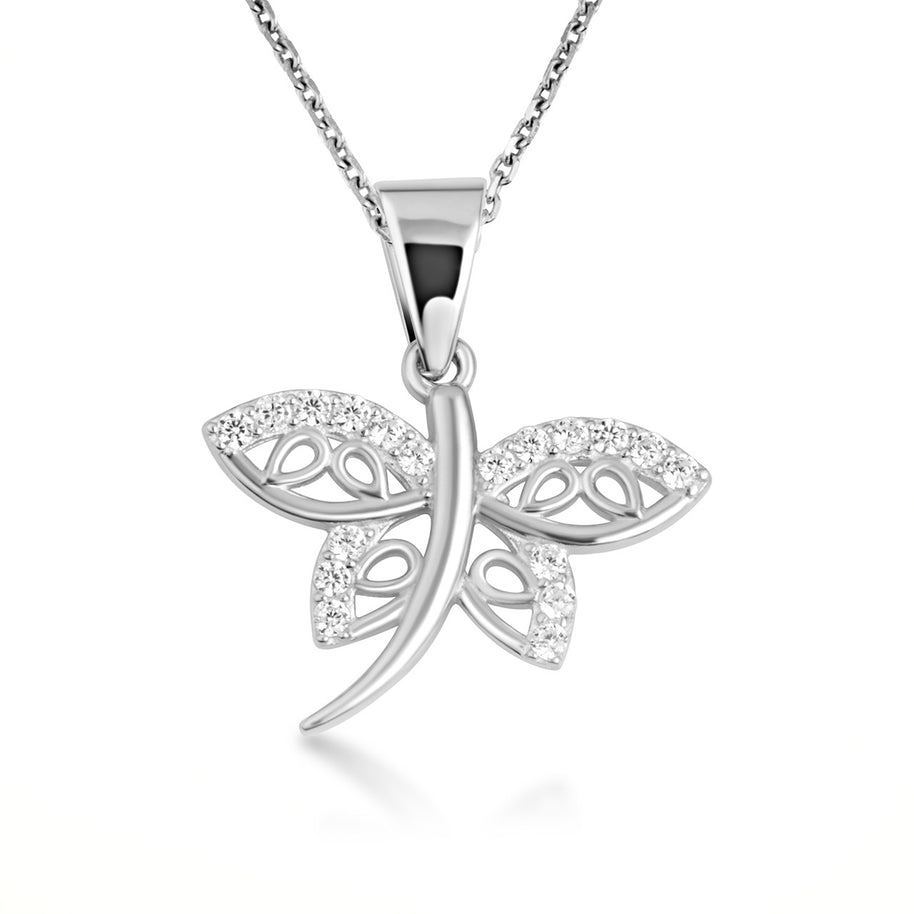 .925 Sterling Silver Dragonfly Studded Nature Pendant Necklace