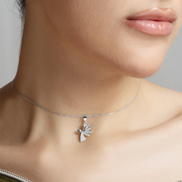 .925 Sterling Silver Studded Guardian Angel Heart Pendant Necklace