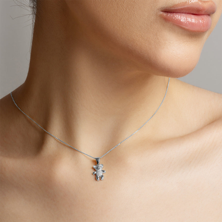 .925 Sterling Silver Teddy Bear Studded Toy Pendant Necklace