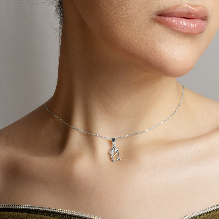 .925 Sterling Silver Cat Silhouette Studded Pendant Necklace