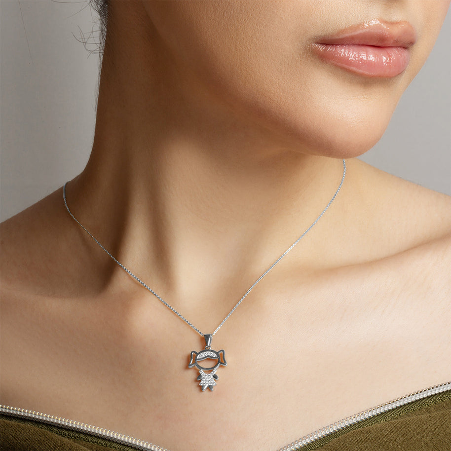 .925 Sterling Silver Girl Silhouette Studded Pendant Necklace