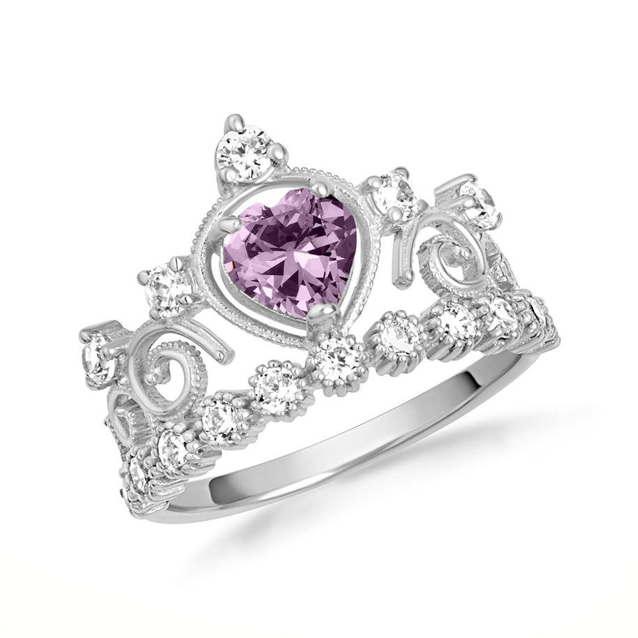 .925 Sterling Silver Personalized Heart Cut Birthstone Crown Ring