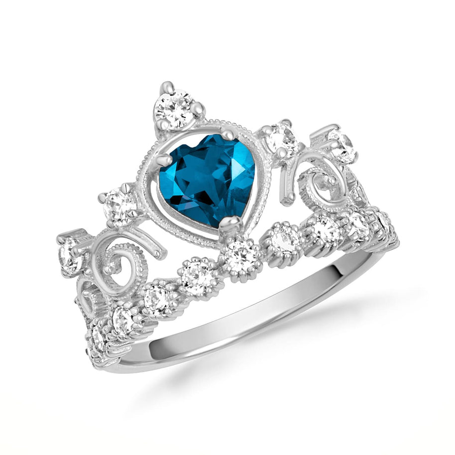 .925 Sterling Silver Personalized Heart Cut Birthstone Crown Ring