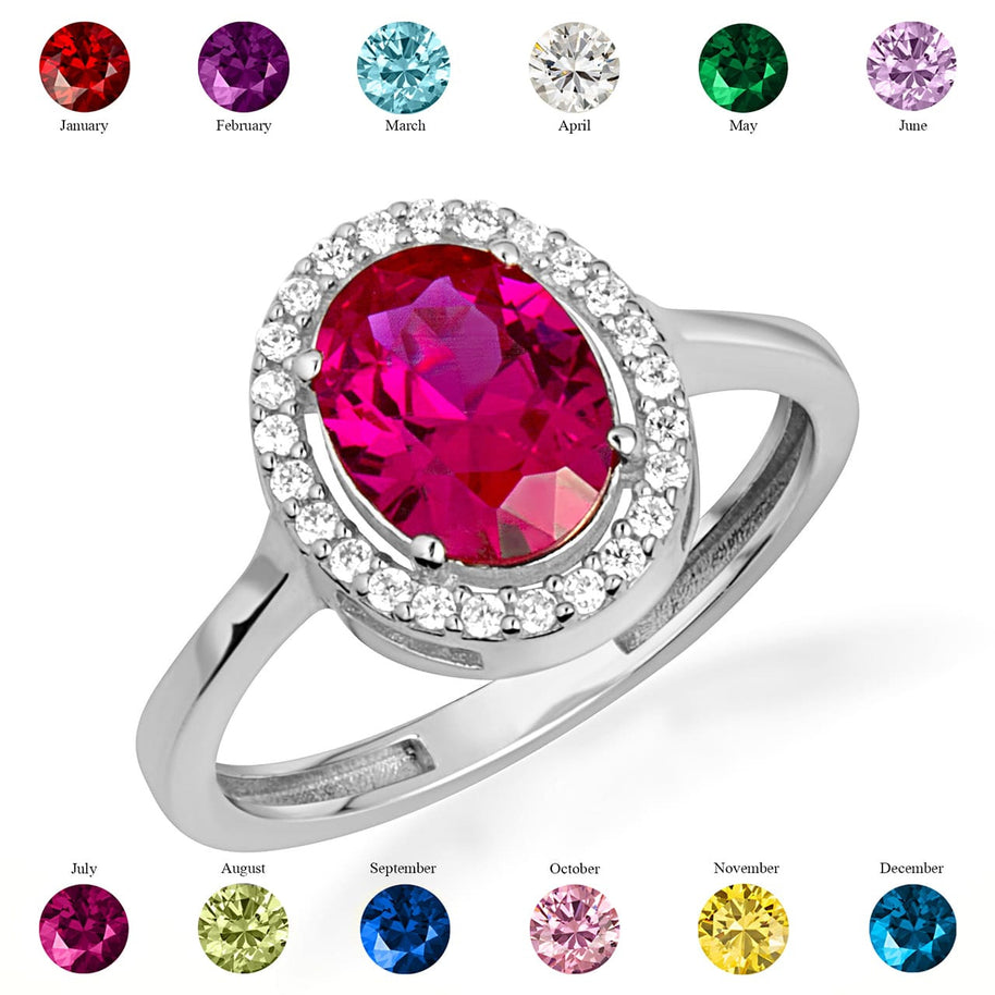 .925 Sterling Silver Personalized Halo Birthstone Ring