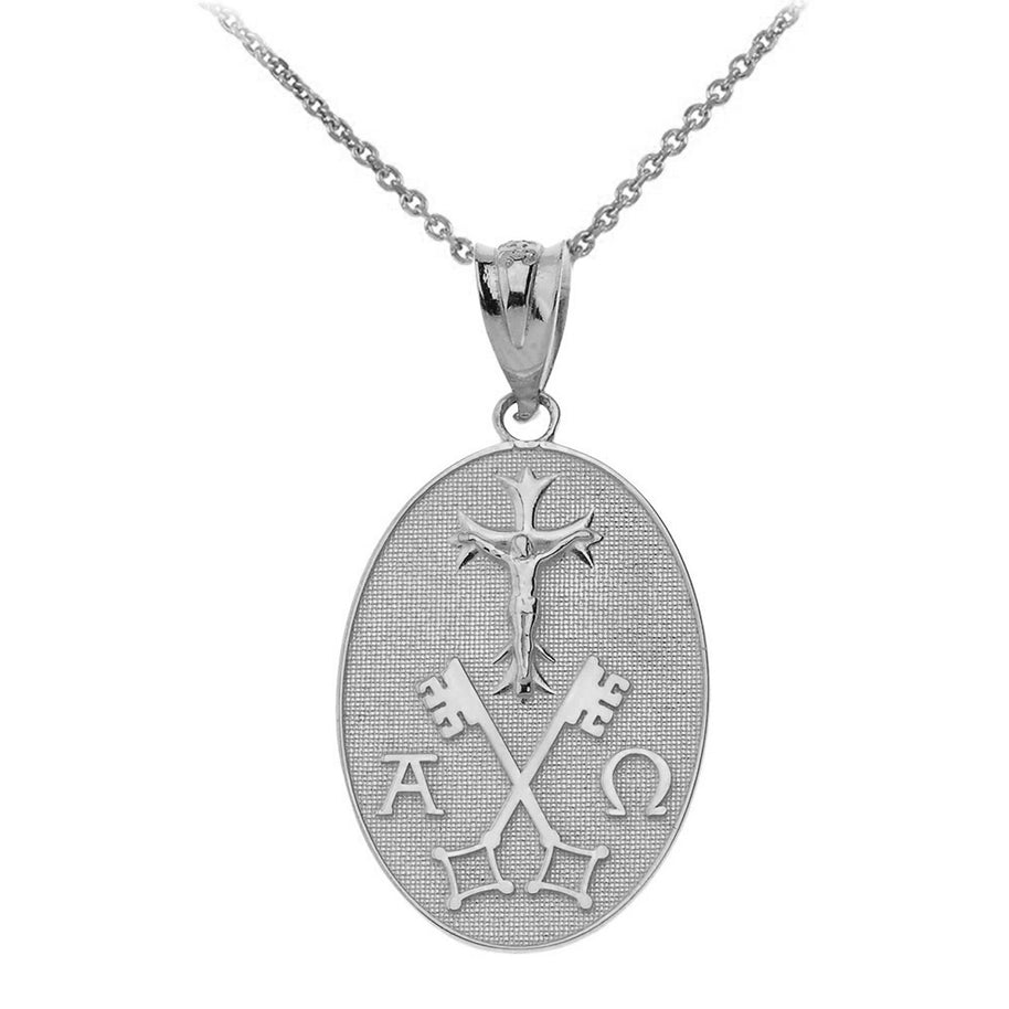 Jesus Christ Alpha and Omega Keys of Heaven Oval Pendant Necklace in Sterling Silver