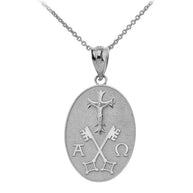 Jesus Christ Alpha and Omega Keys of Heaven Oval Pendant Necklace in Sterling Silver