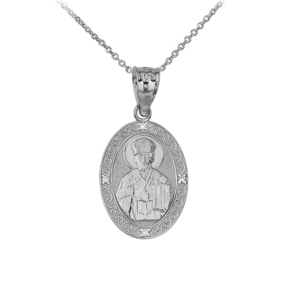 Saint Nicholas Pray for Us Engravable Oval CZ Pendant Necklace in Sterling Silver