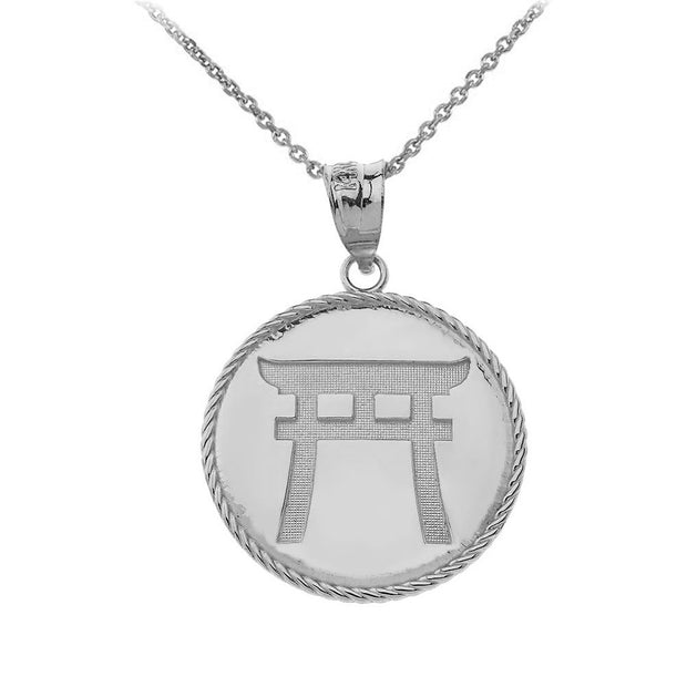 Japanese Torii Shinto Gate Disc Pendant Necklace in Sterling Silver