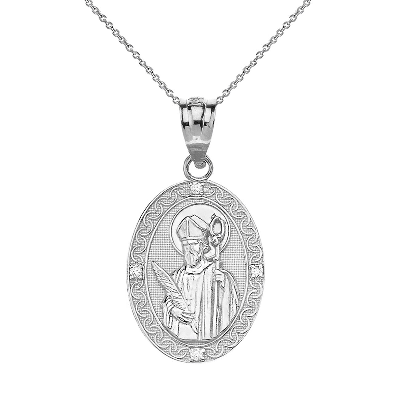 Engravable Diamond Saint Valentine Pray For Us Oval Pendant Necklace (1.04