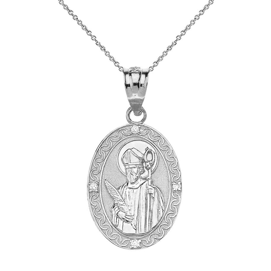 Engravable Diamond Saint Valentine Pray For Us Oval Pendant Necklace (1.04