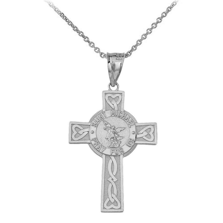 Saint Michael Pray for Us Celtic Cross (Large) Pendant Necklace in Sterling Silver