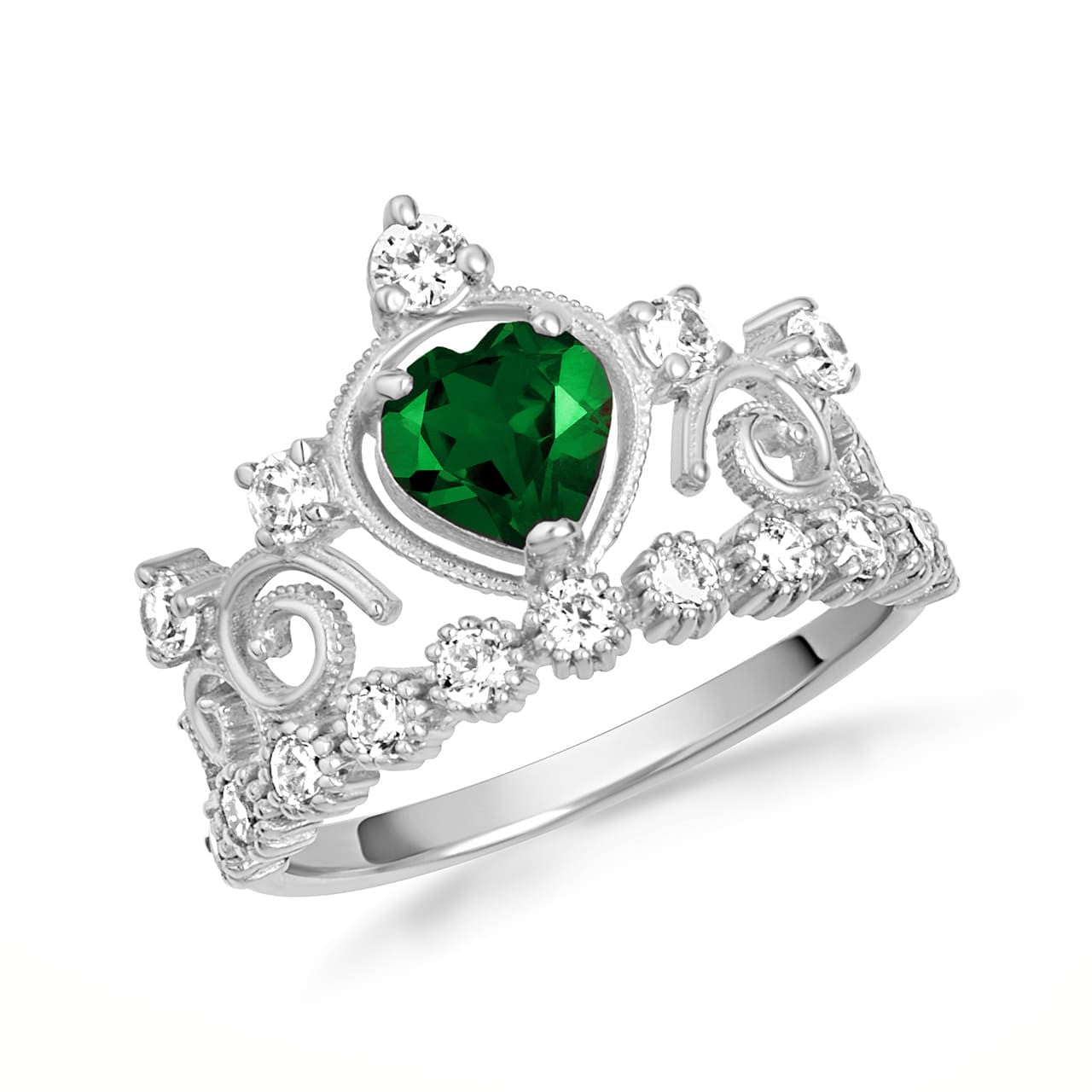 .925 Sterling Silver Personalized Heart Cut Birthstone Crown Ring