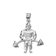 Solid Gold Weightlifting Fitness Sport Bodybuilder and Barbell Pendant Necklace(Available in Yellow/Rose/White Gold)