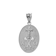 Jesus Christ Alpha and Omega Keys of Heaven Oval Pendant Necklace in Sterling Silver