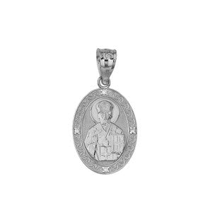Sterling Silver Engravable CZ Saint Valentine Pray For Us Oval Pendant Necklace (1.04