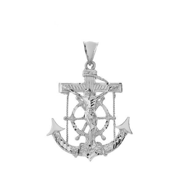 Large Anchor with Jesus Pendant Necklace in Sterling Silver