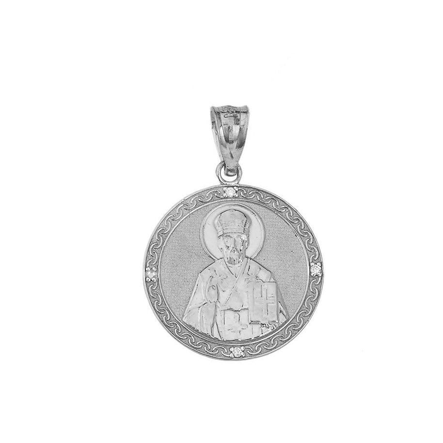 Saint Nicholas Pray for Us Circle Medallion CZ Pendant Necklace in Sterling Silver