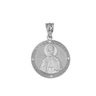 Saint Nicholas Pray for Us Circle Medallion CZ Pendant Necklace in Sterling Silver