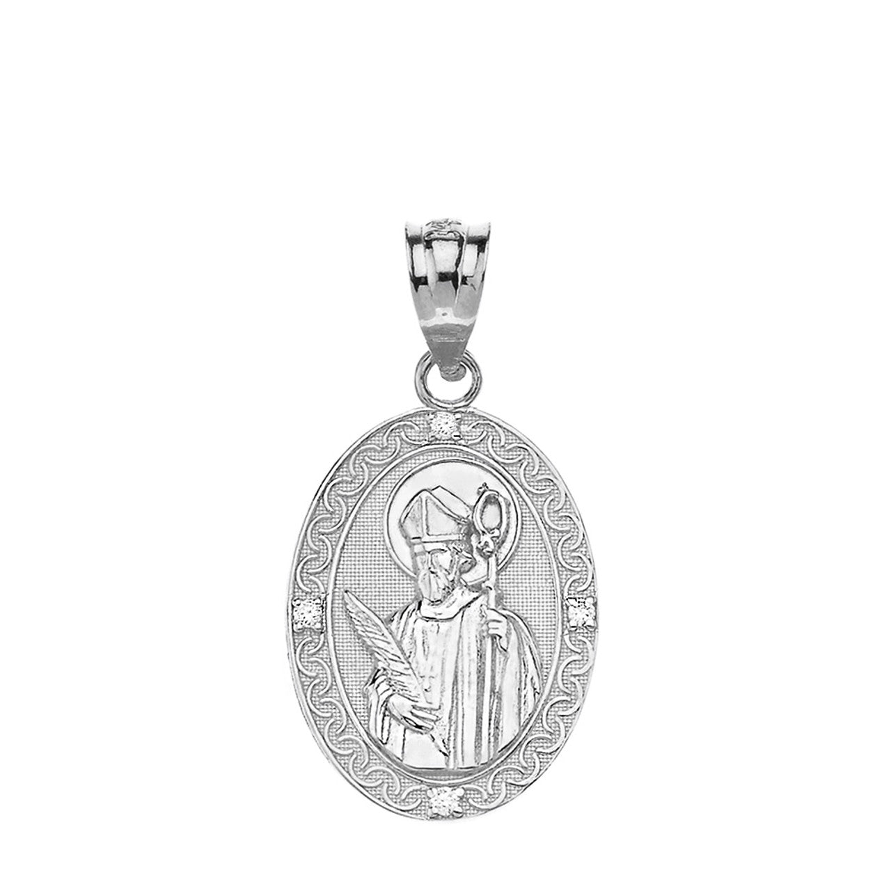 Engravable Diamond Saint Valentine Pray For Us Oval Pendant Necklace (1.04