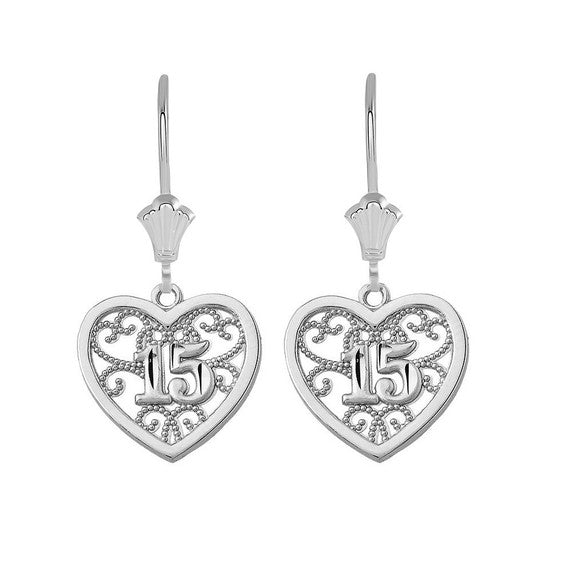 Two-Tone Gold Filigree Heart 15 Años Quinceañera Leverback Earrings (Available in Yellow/Rose/White Gold)