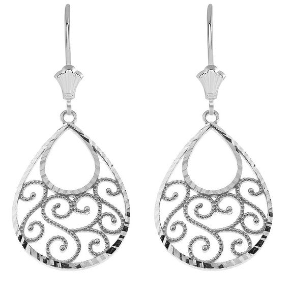 Gold Filigree Teardrop Spiral Leverback Earrings in 14K (Available in Yellow/Rose/White)