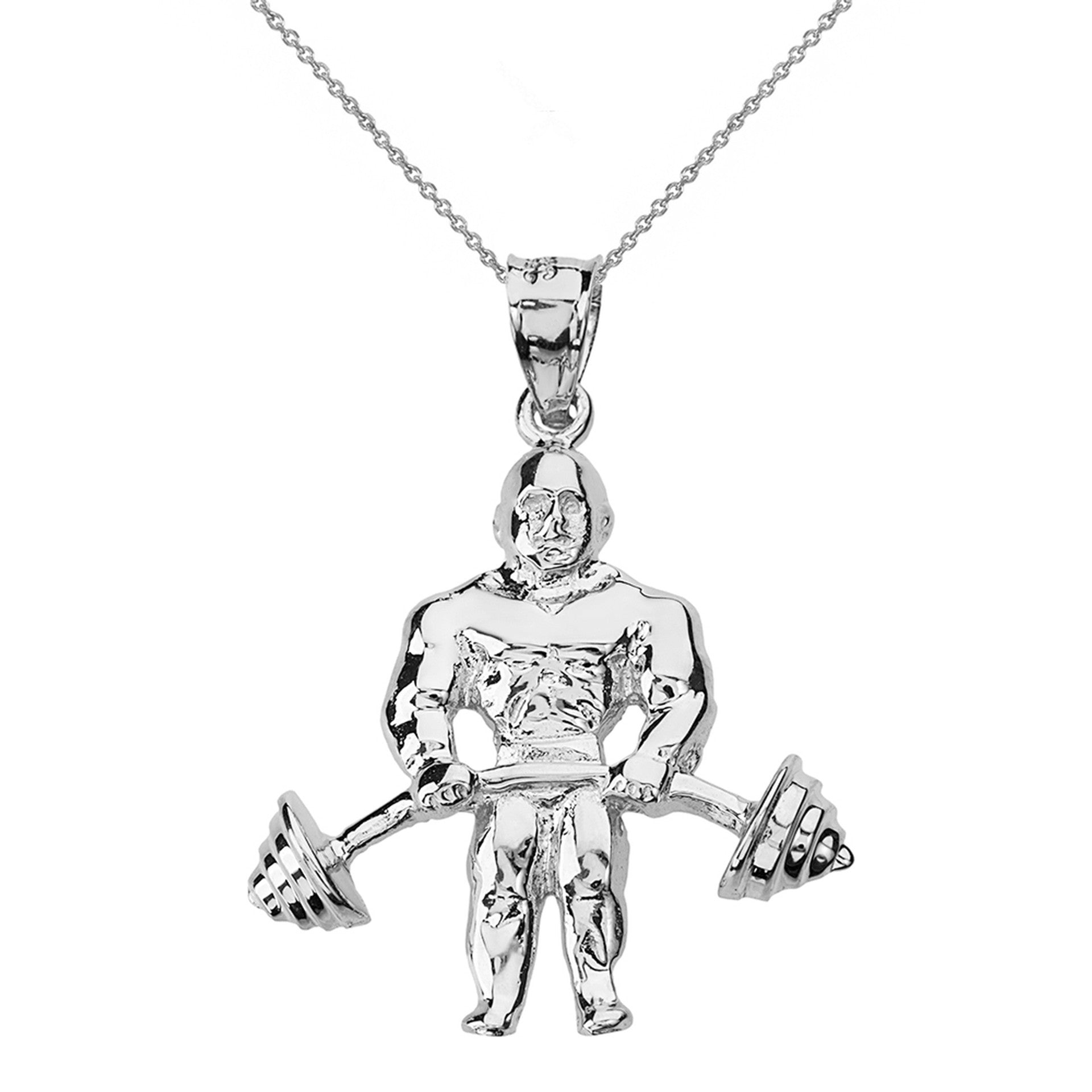 Solid Gold Weightlifting Fitness Sport Bodybuilder and Barbell Pendant Necklace(Available in Yellow/Rose/White Gold)