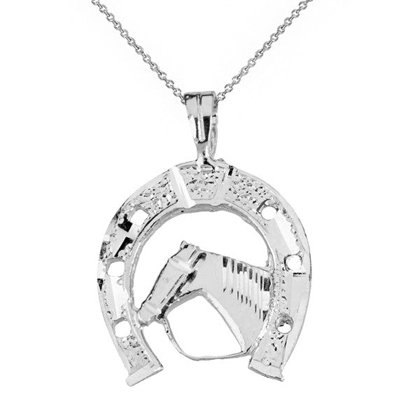 Sparkle Cut Equestrian Horseshoe and Horse Pendant Necklace in Solid Gold (Yellow/Rose/White)