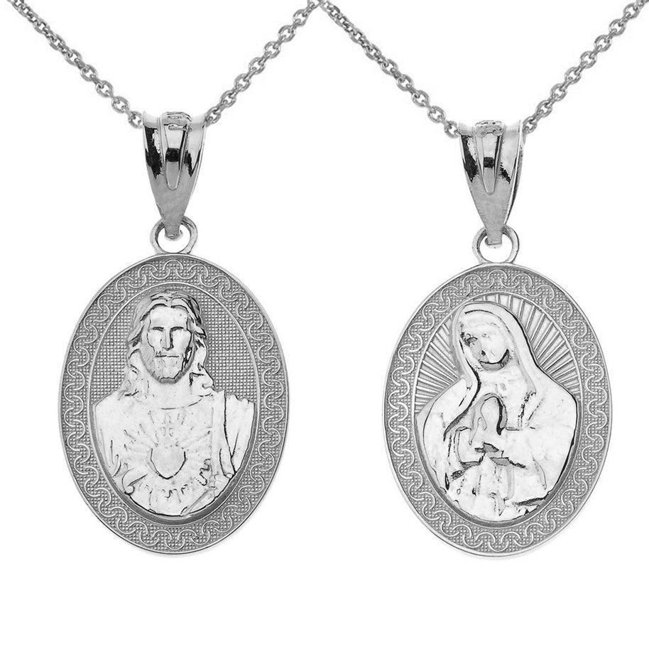 Reversible Virgin Mary and Jesus Christ Oval Pendant Necklace in Sterling Silver
